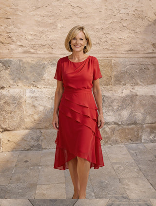 Carol | Tiered Chiffon Midi Dress – Red