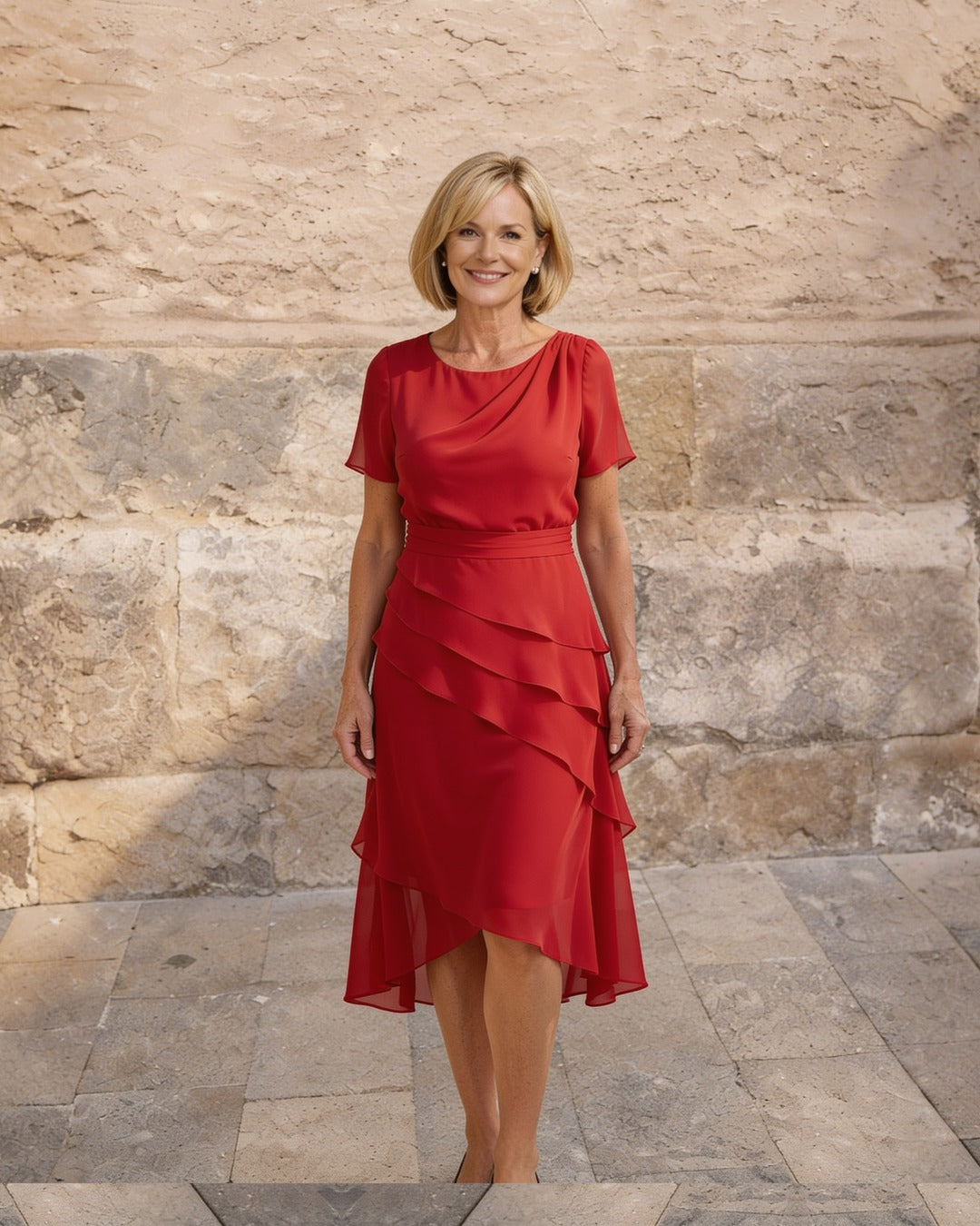 Carol | Tiered Chiffon Midi Dress – Red