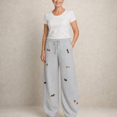 Barrel-Leg Embroidered Pup Sweatpants – Relaxed Fit – Grey (front)