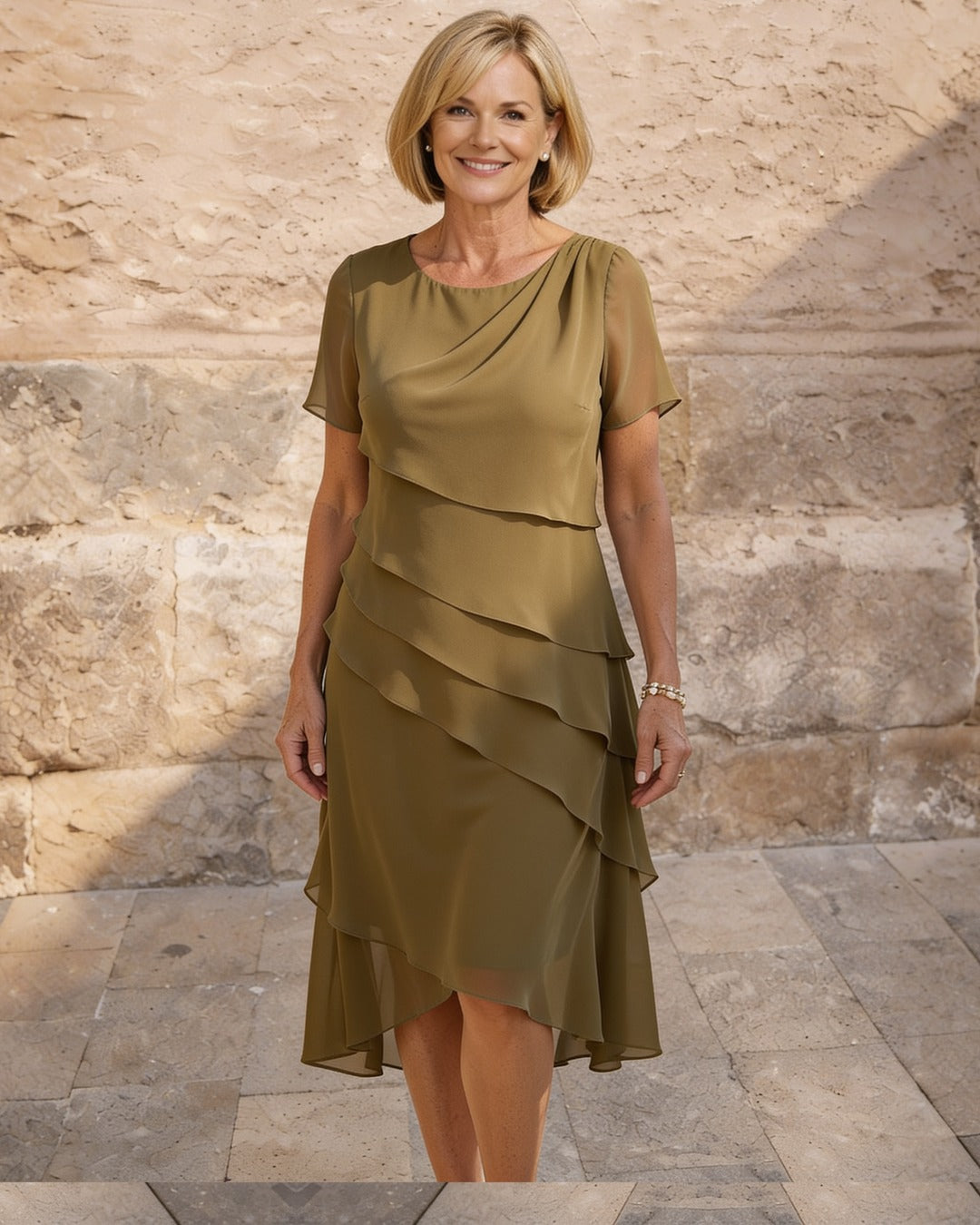 Carol | Tiered Chiffon Midi Dress – Khaki
