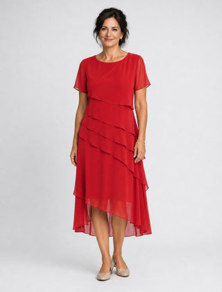 Carol | Tiered Chiffon Midi Dress – Red