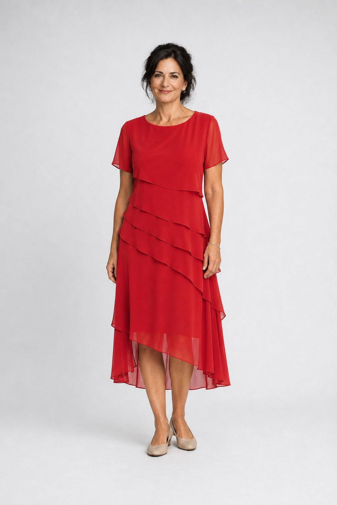 Carol | Tiered Chiffon Midi Dress – Red
