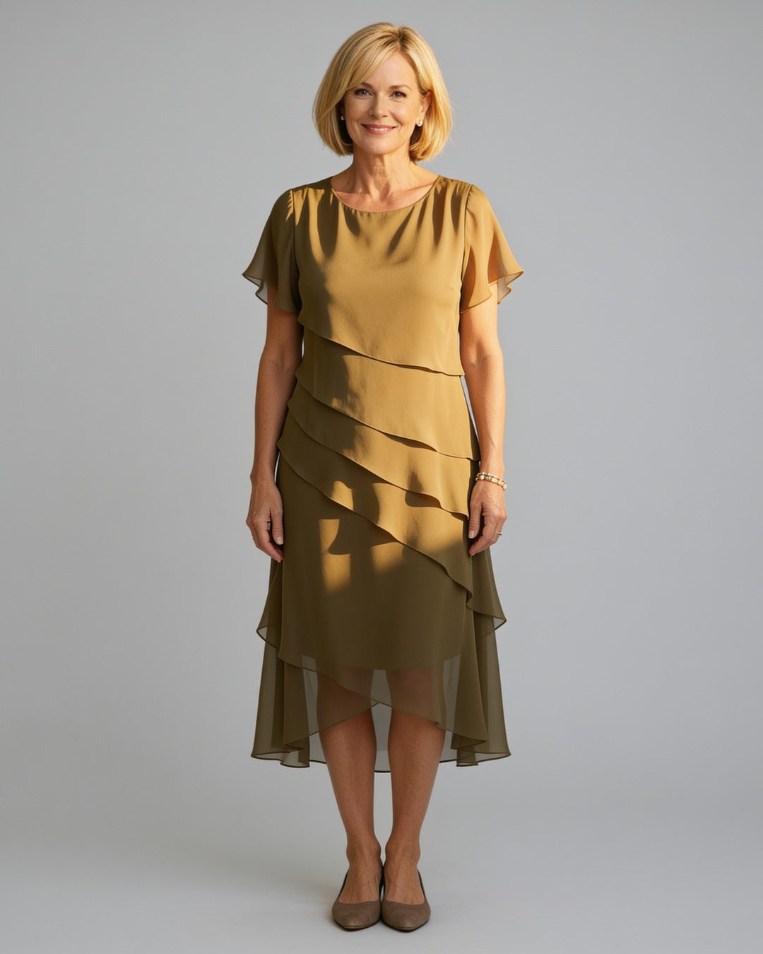 Carol | Tiered Chiffon Midi Dress – Khaki