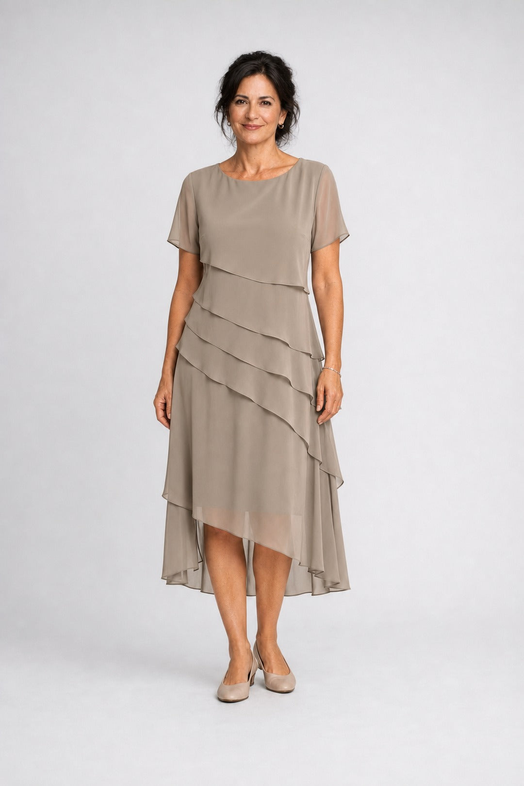 Carol | Tiered Chiffon Midi Dress – Khaki