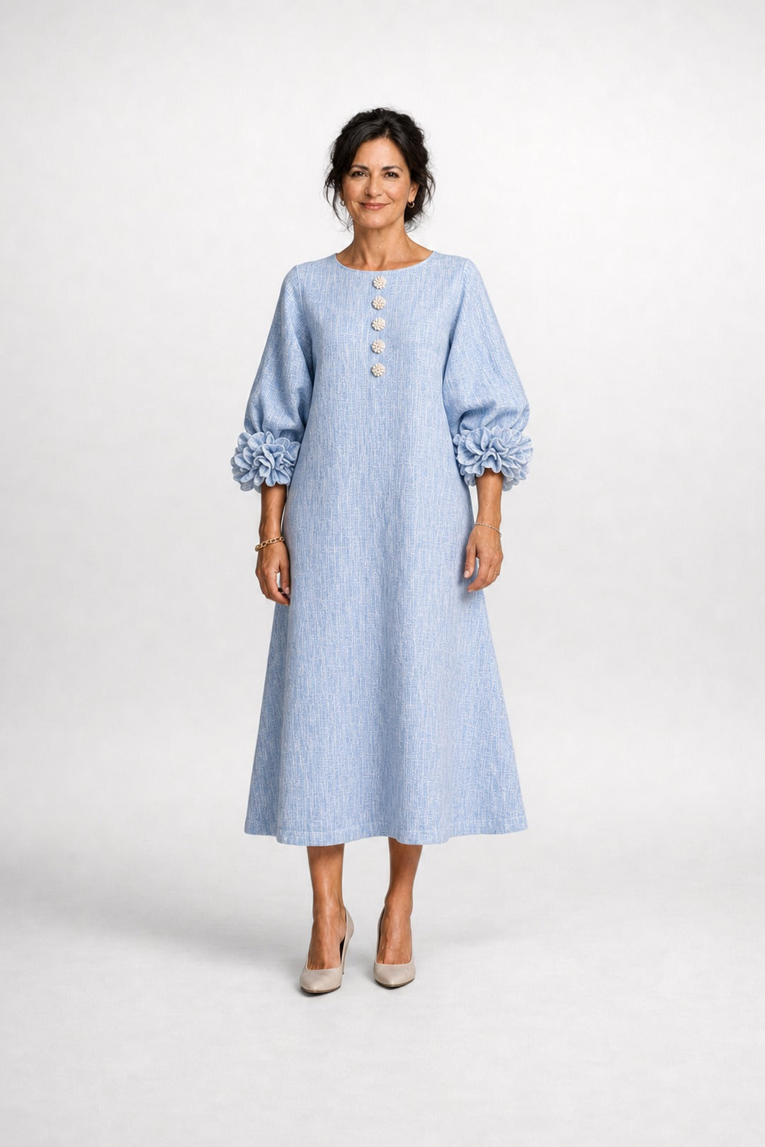 Candela | Floral Button Midi Dress – Blue
