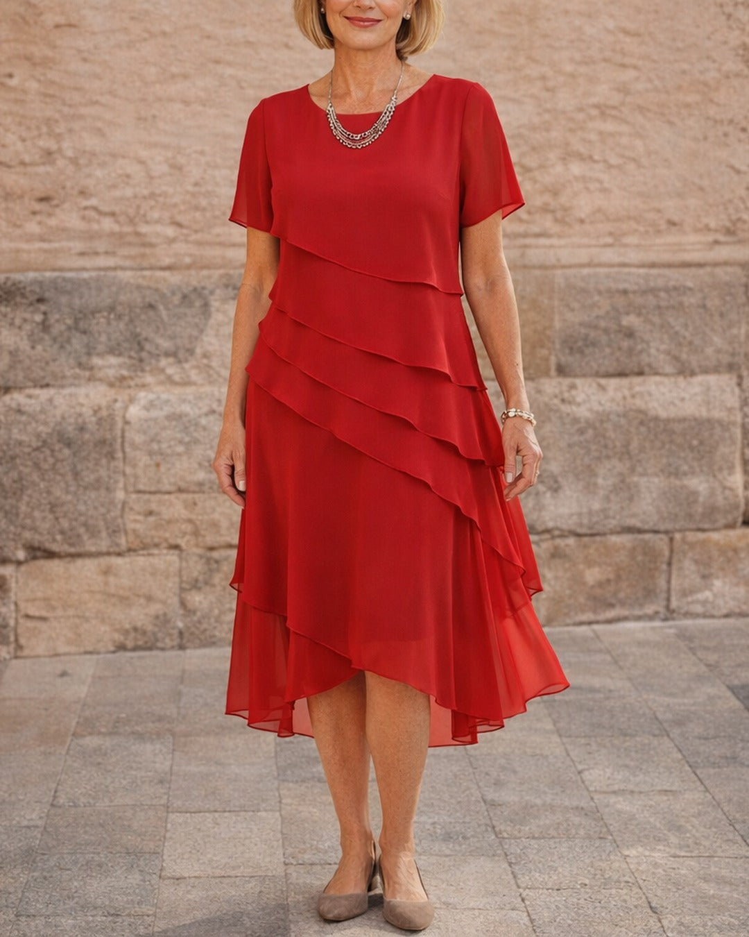 Carol | Tiered Midi Dress – Red
