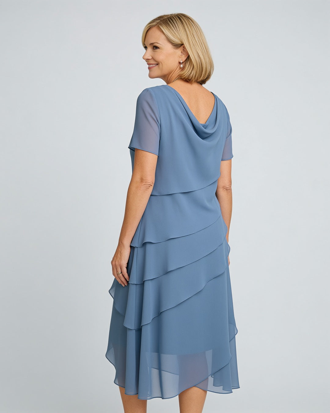 Carol | Tiered Chiffon Midi Dress – Blue (back)