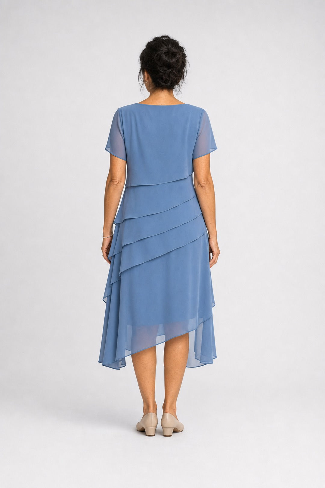 Carol | Tiered Chiffon Midi Dress – Blue (back)