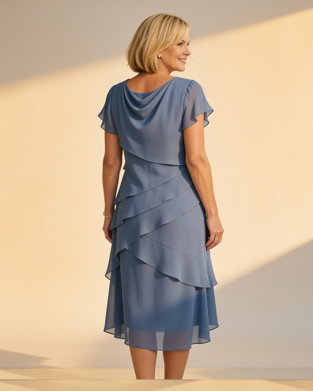 Carol | Tiered Midi Dress – Blue (back)