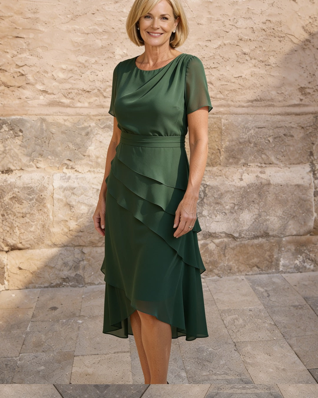 Carol | Tiered Chiffon Midi Dress – Green