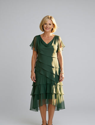 Carol | Tiered Chiffon Midi Dress – Green