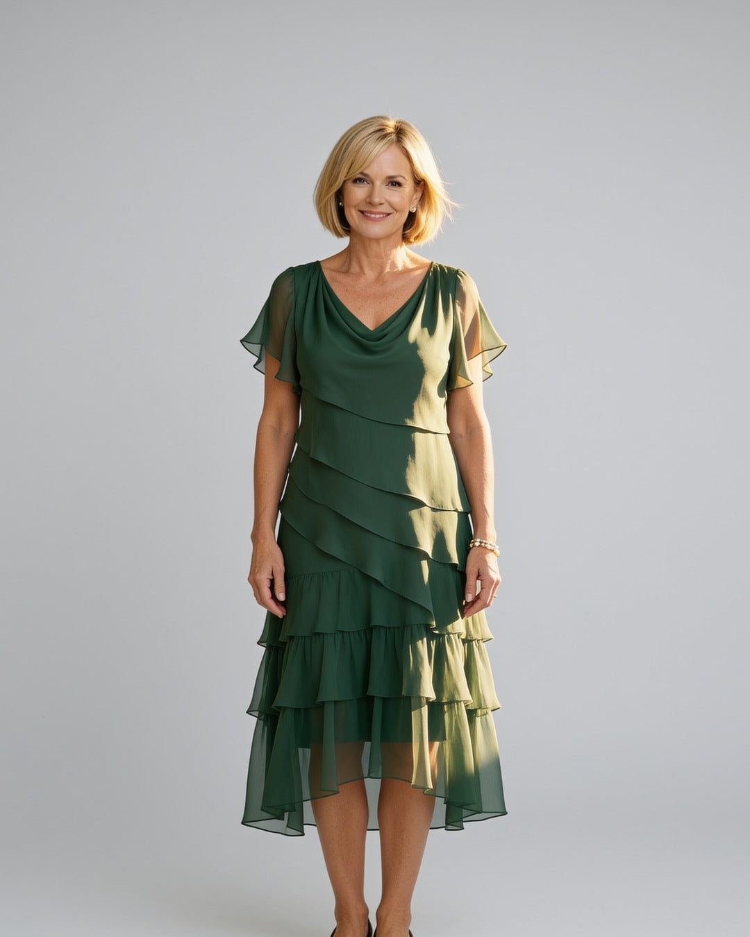 Carol | Tiered Chiffon Midi Dress – Green
