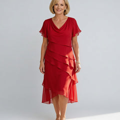 Carol | Tiered Chiffon Midi Dress – Red