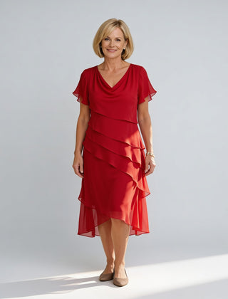 Carol | Tiered Chiffon Midi Dress – Red