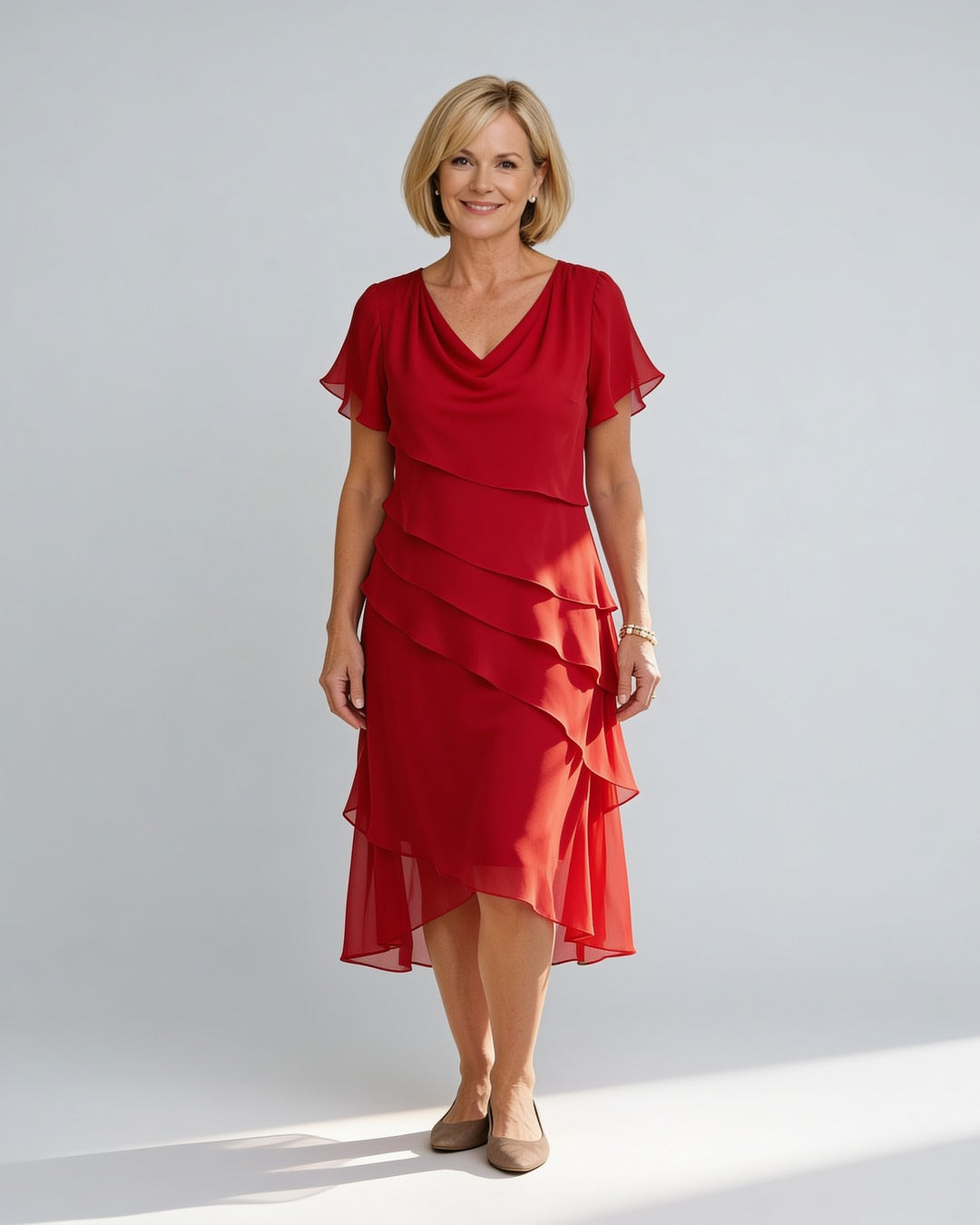 Carol | Tiered Chiffon Midi Dress – Red