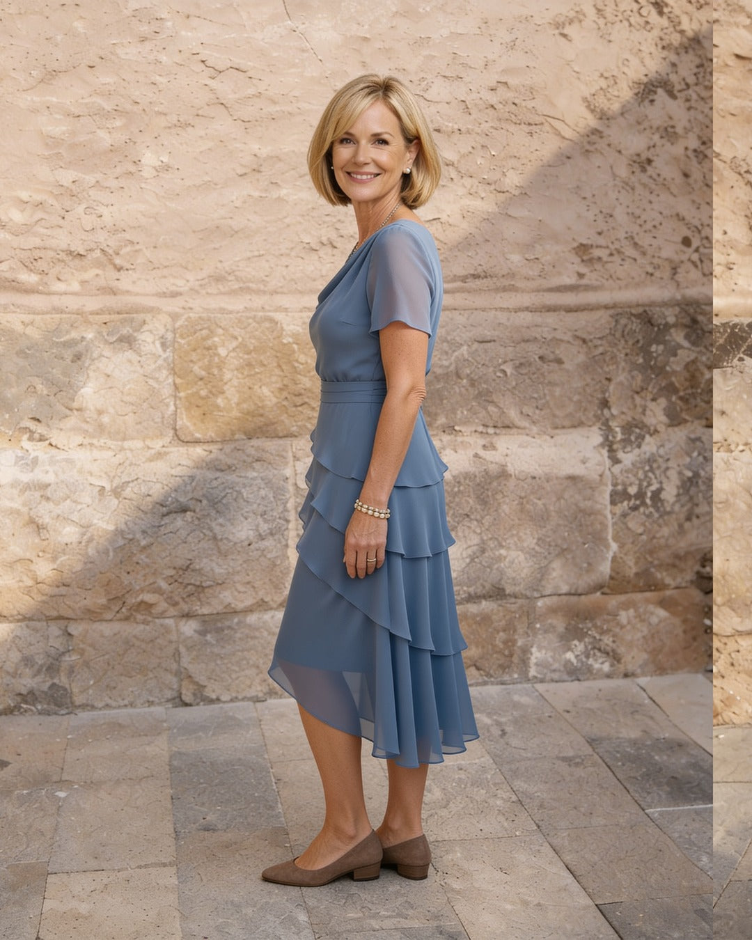 Carol | Tiered Chiffon Midi Dress – Blue (side)