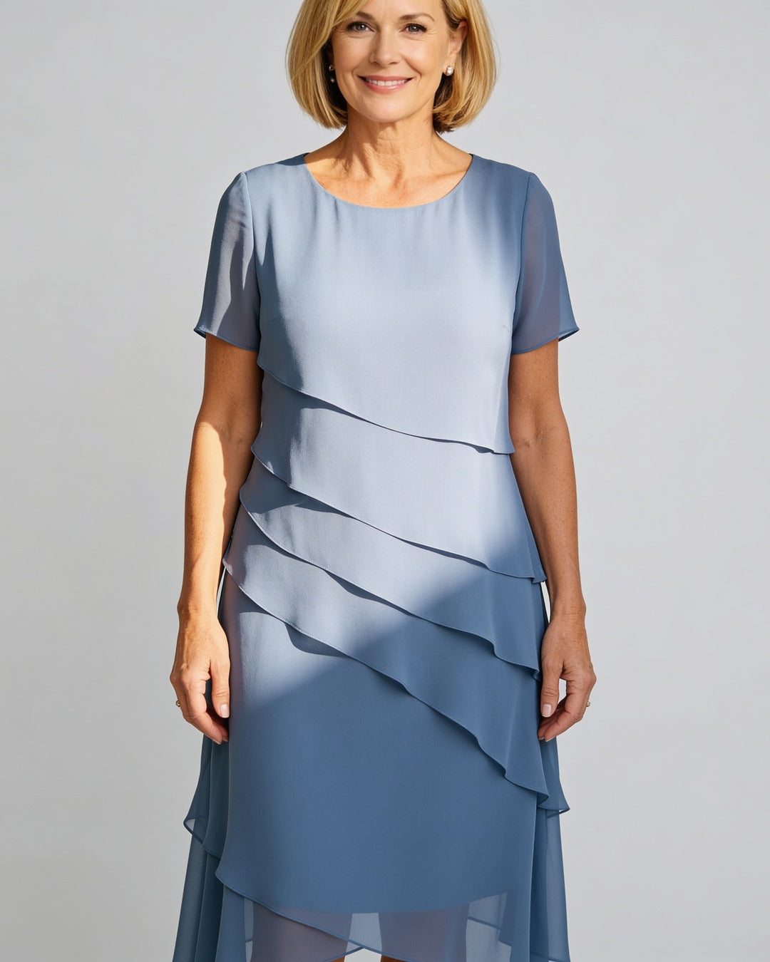 Carol | Tiered Chiffon Midi Dress – Blue (front)