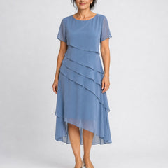Carol | Tiered Chiffon Midi Dress – Blue (front)