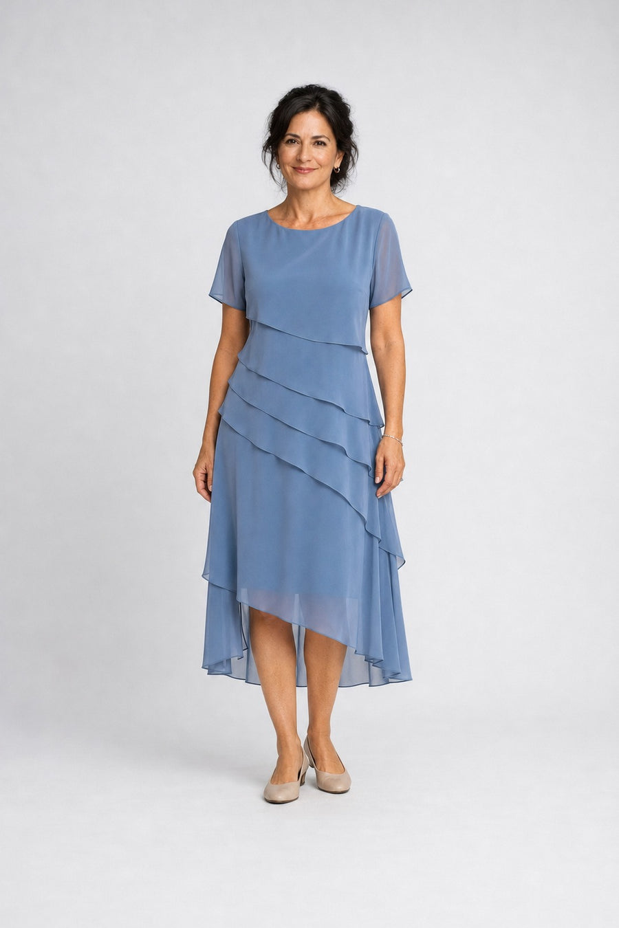 Carol | Tiered Chiffon Midi Dress – Blue (front)