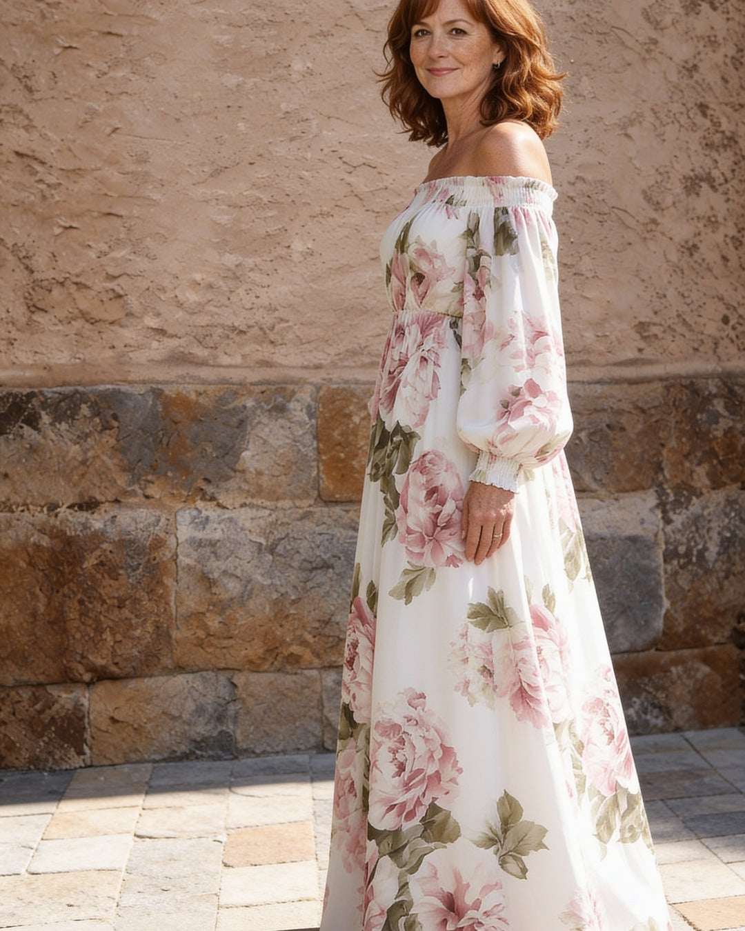 Camille | Off-Shoulder Floral Maxi Dress – White (side)