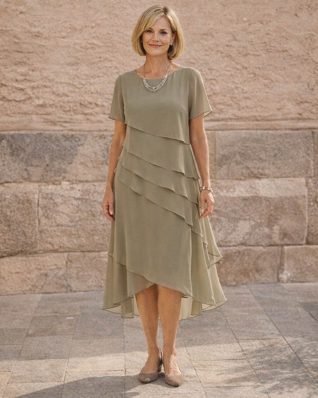 Carol | Tiered Midi Dress – Khaki