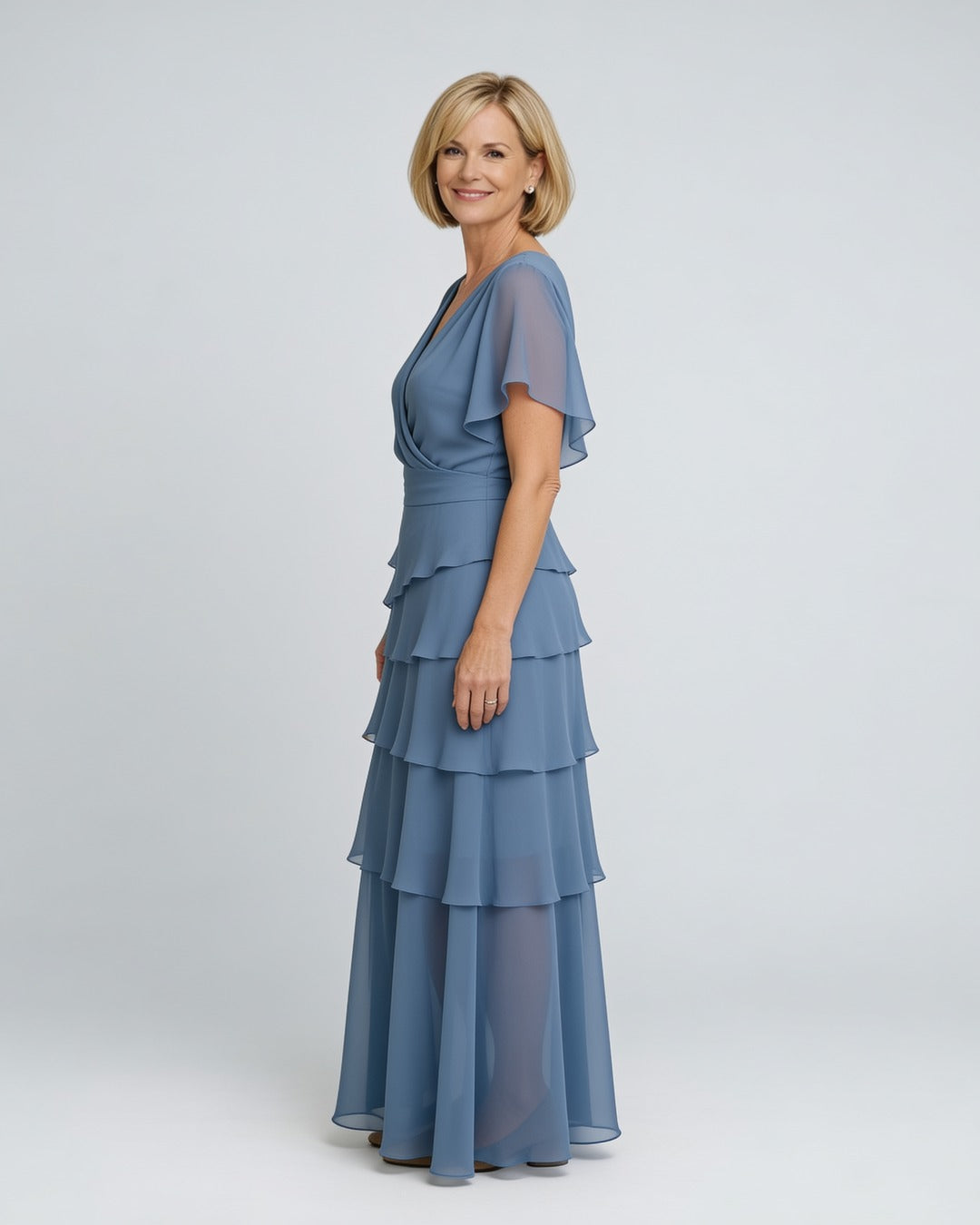 Carol | Tiered Chiffon Midi Dress – Blue (side)