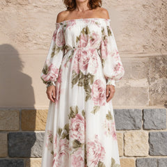 Camille | Off-Shoulder Floral Maxi Dress – White (front)