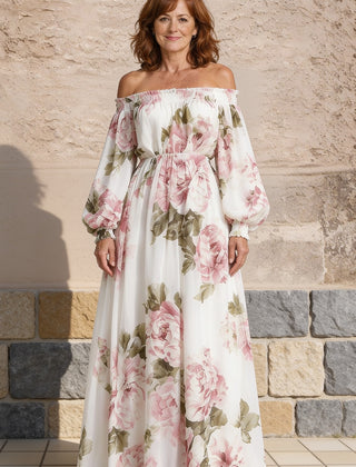 Camille | Off-Shoulder Floral Maxi Dress – White (front)
