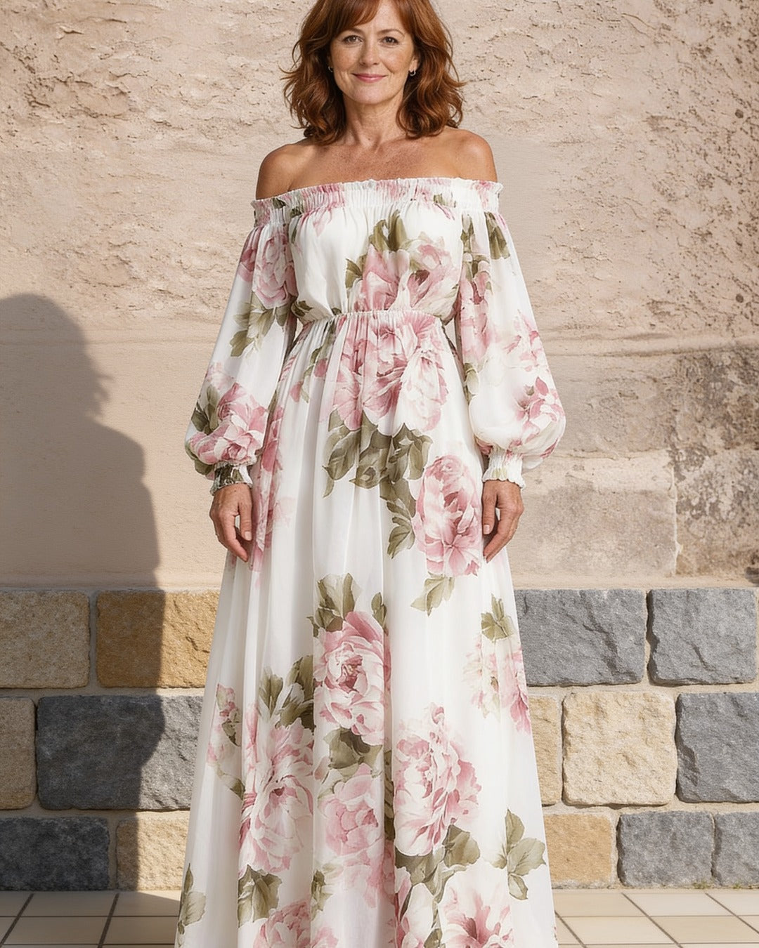 Camille | Off-Shoulder Floral Maxi Dress – White (front)