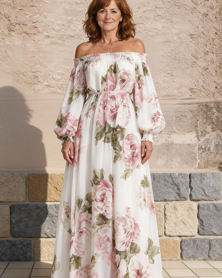 Camille | Off-Shoulder Floral Maxi Dress – White (front)