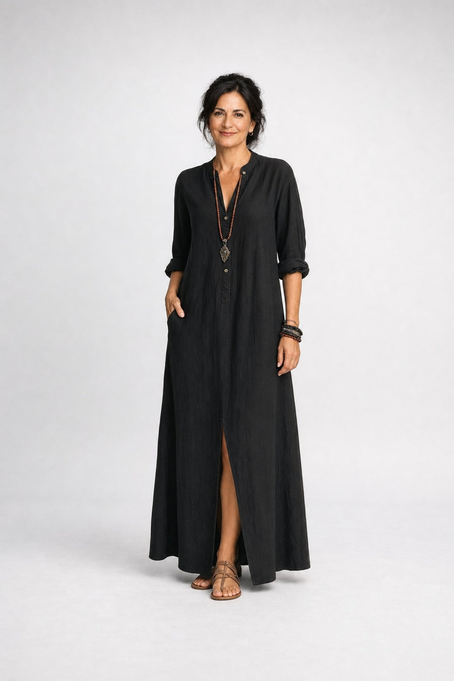 Willow | Button-Down Maxi Dress – Black (front)