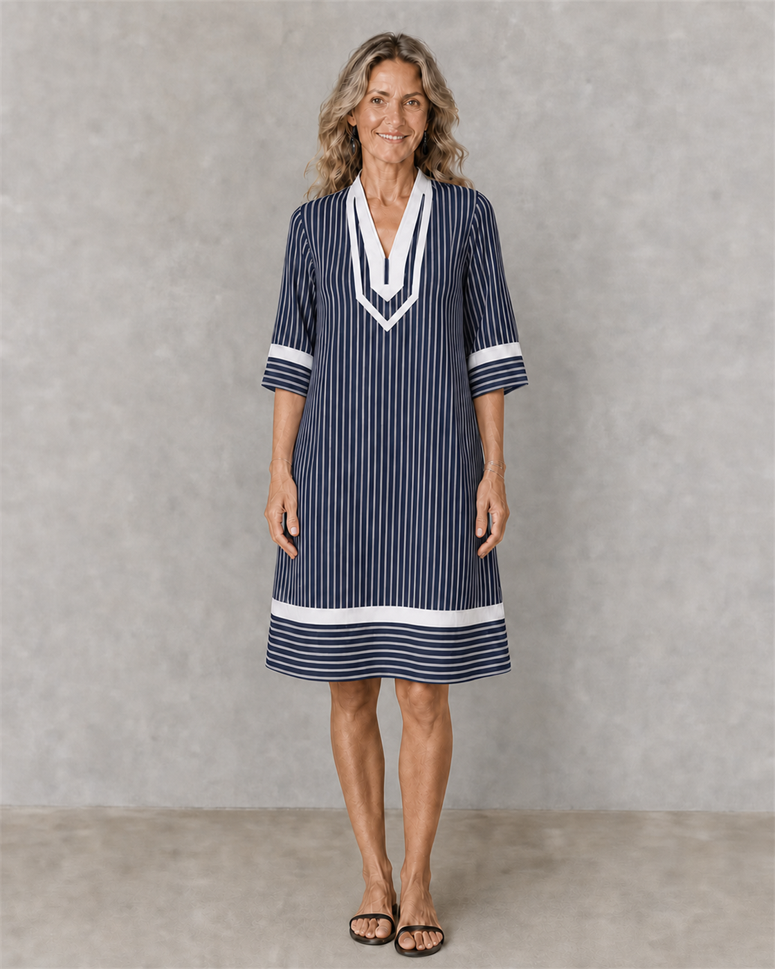 Veronica | Cotton blend V-Neck Short Sleeve Striped Dress