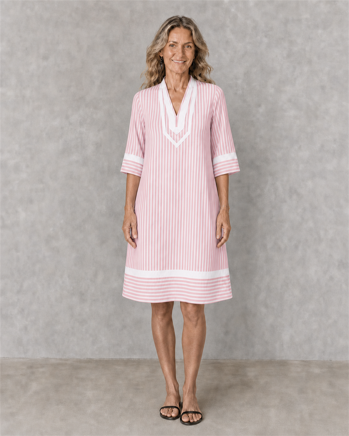 Veronica | Cotton blend V-Neck Short Sleeve Striped Dress